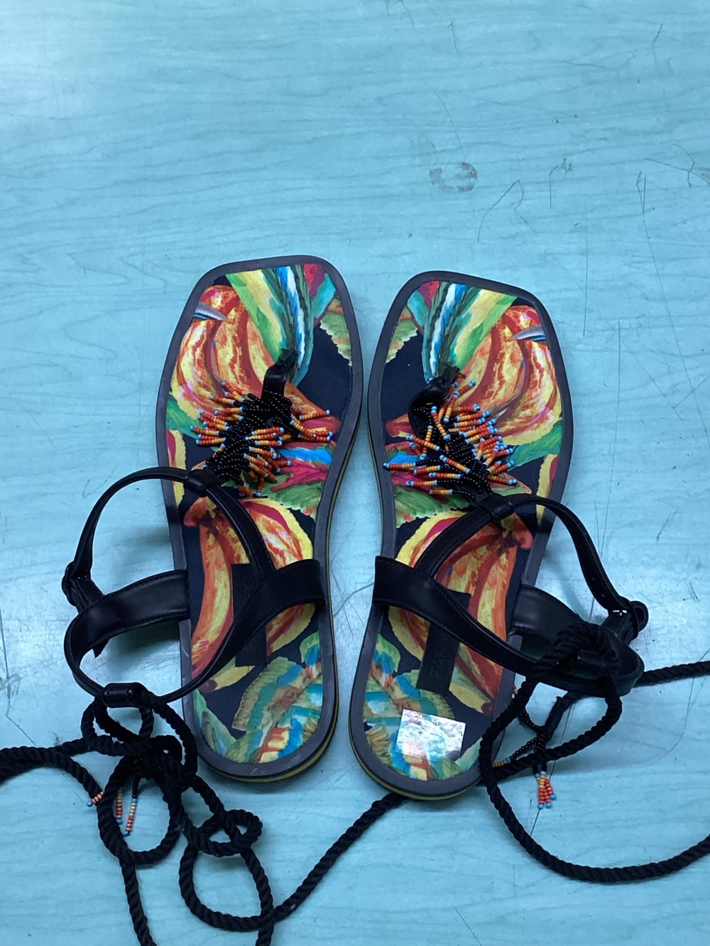 FARM Rio Black Strappy Sandals with Multicolor Printed Footbed